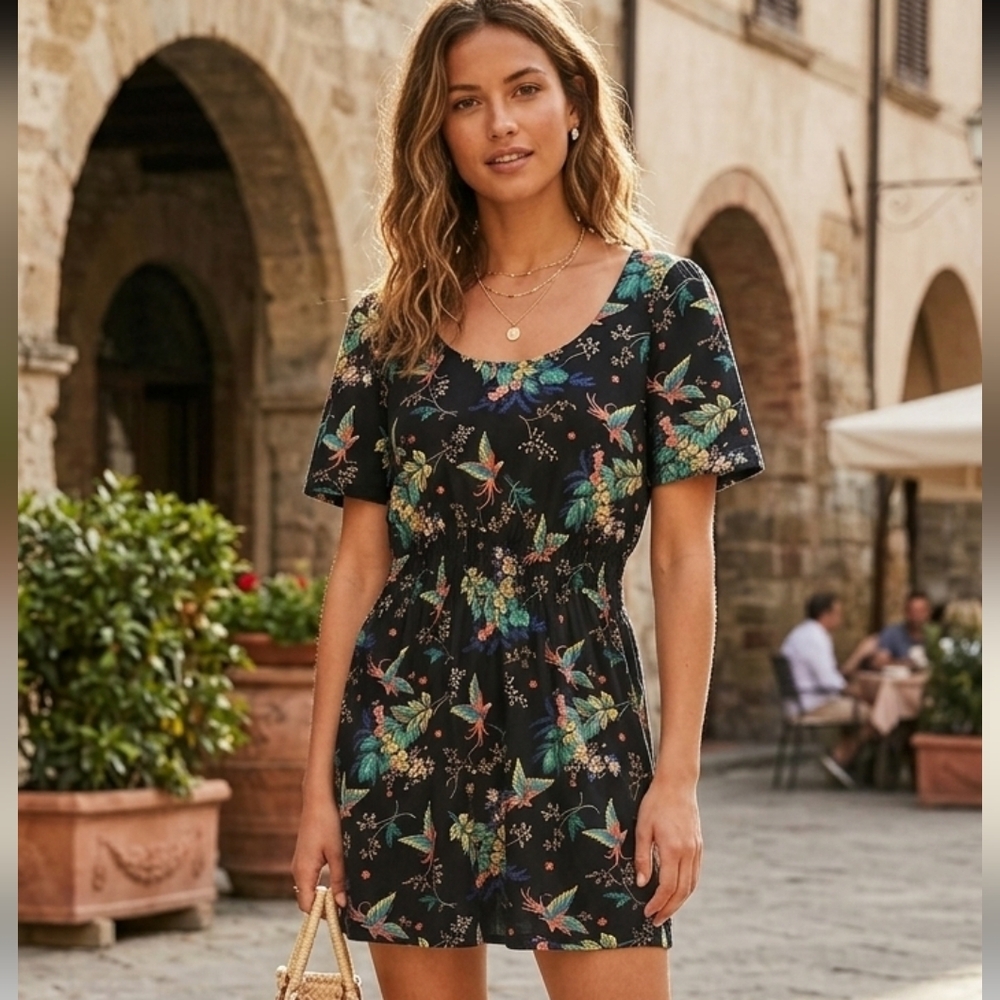 ​Title: Topshop Tropical Bird Floral Smocked Mini Dress 100% Cotton Black US 8